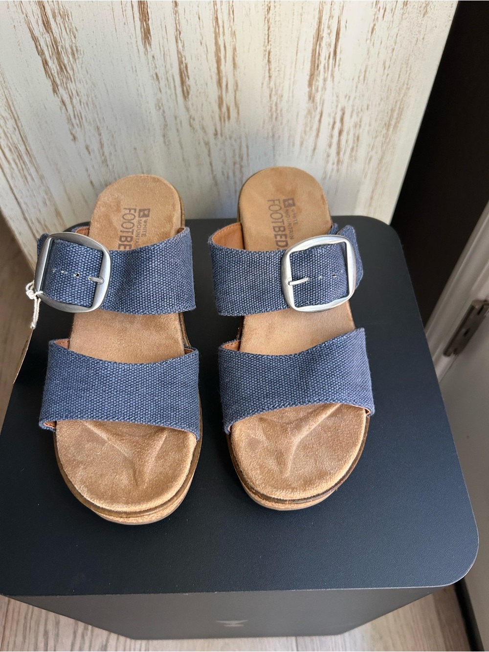 White Mountain Navy Double-Strap Slide Sandals with Buckle